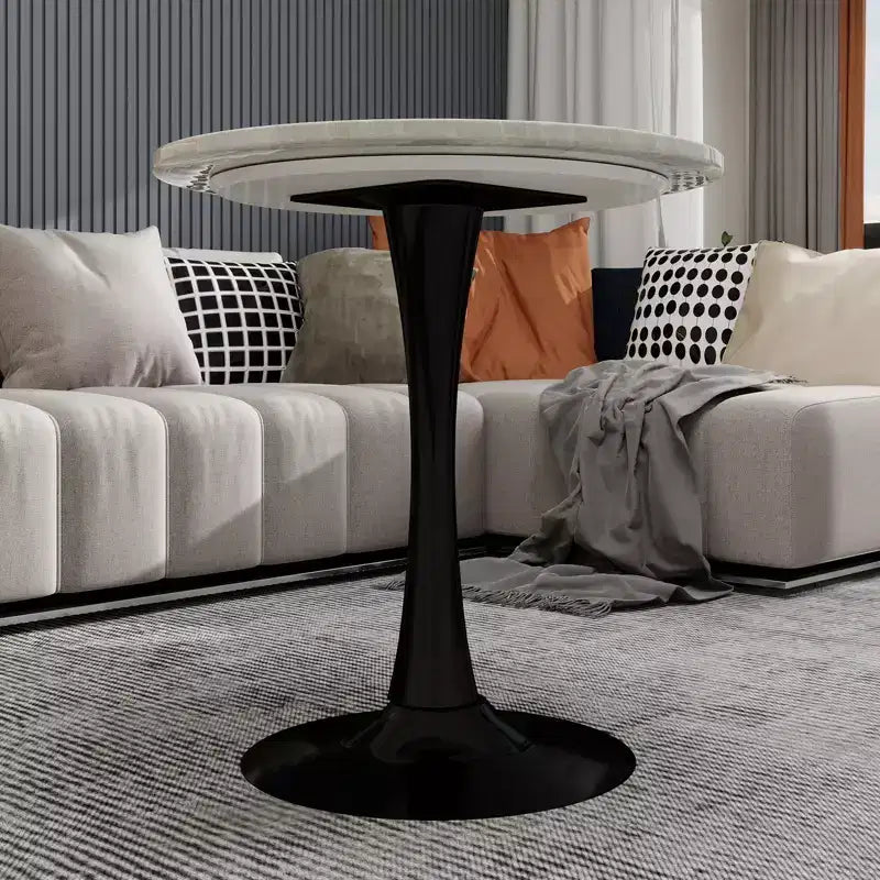 JVNOXK 27.6 Mid-Century Modern Round Coffee Table, White Faux Marble Top with Black Pedestal, Accent Table for Living Room