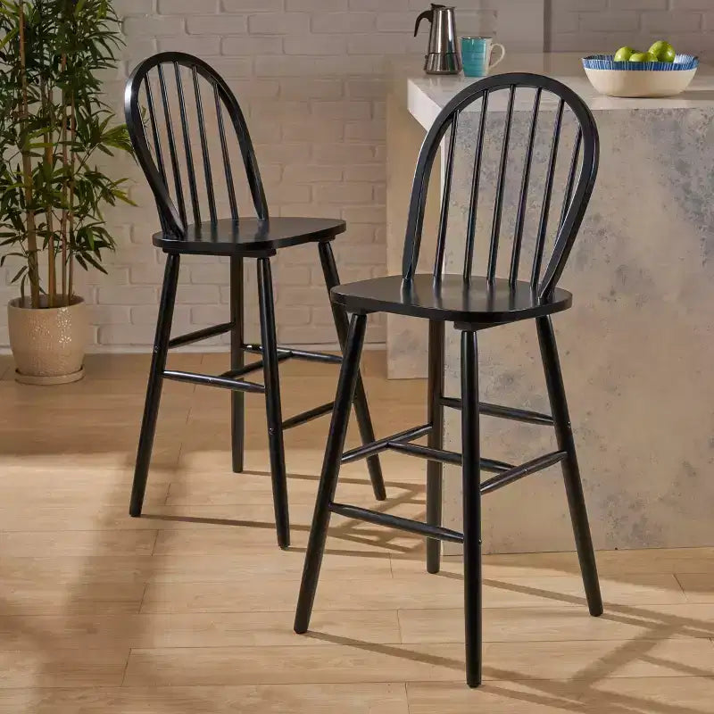 Set of 2 Tilbury Farmhouse Barstool Black - Christopher Knight Home: Rubberwood Slat Back, 29.2" Seat Height