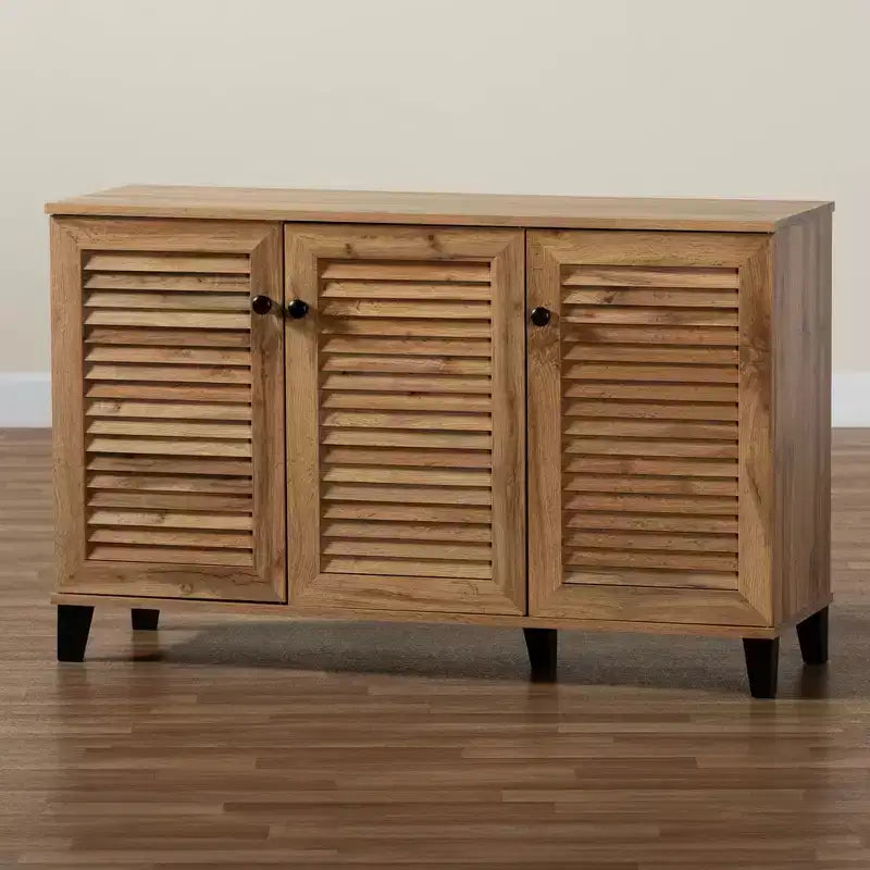 Coolidge Wood 3 Door Storage Cabinet Oak Brown - Baxton Studio: Freestanding Shoe Organizer for Entryway, Closet