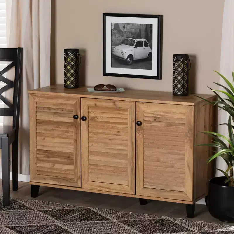 Coolidge Wood 3 Door Storage Cabinet Oak Brown - Baxton Studio: Freestanding Shoe Organizer for Entryway, Closet
