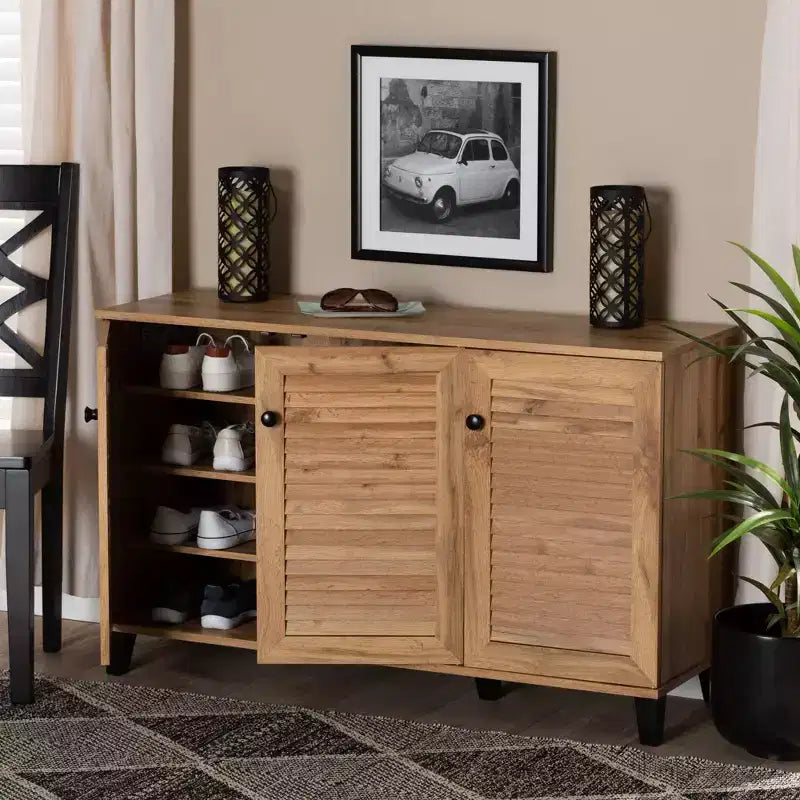 Coolidge Wood 3 Door Storage Cabinet Oak Brown - Baxton Studio: Freestanding Shoe Organizer for Entryway, Closet