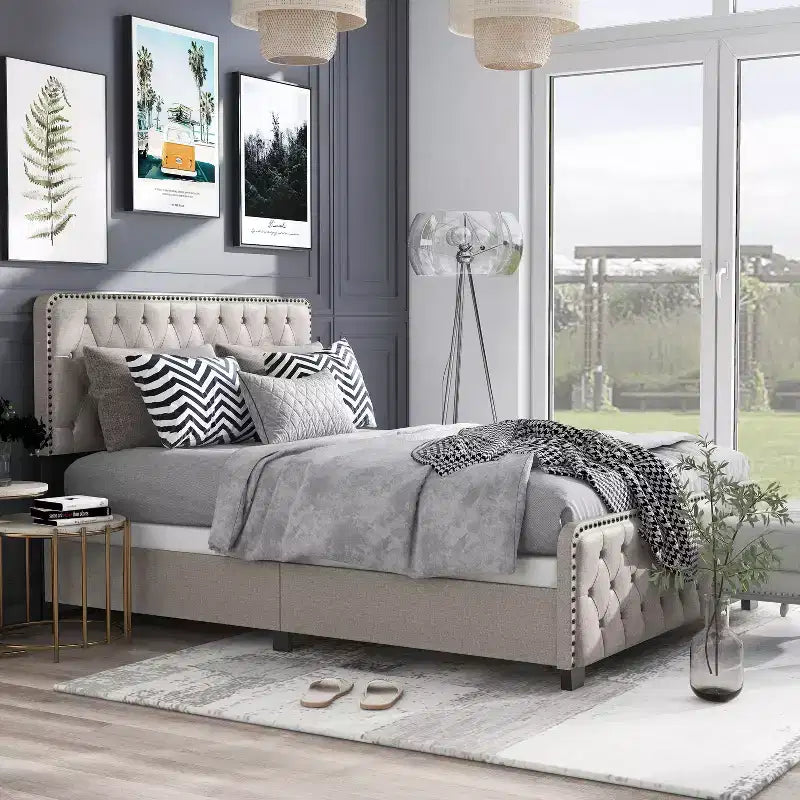 Full Phebe Button Tufted Upholstered Bed Beige - HOMES: Inside + Out: Transitional Style, Nailhead Trim, Foam Padding