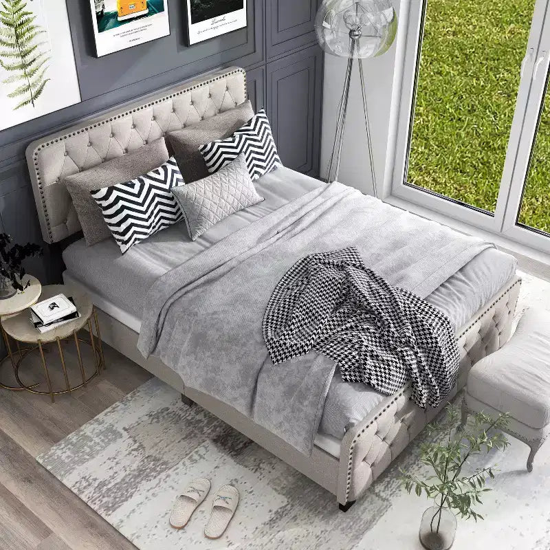 Full Phebe Button Tufted Upholstered Bed Beige - HOMES: Inside + Out: Transitional Style, Nailhead Trim, Foam Padding