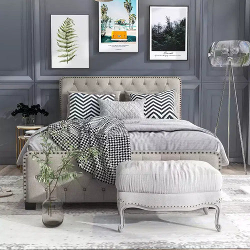 Full Phebe Button Tufted Upholstered Bed Beige - HOMES: Inside + Out: Transitional Style, Nailhead Trim, Foam Padding