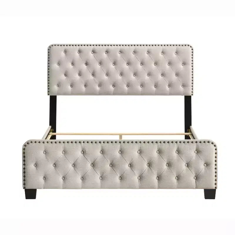 Full Phebe Button Tufted Upholstered Bed Beige - HOMES: Inside + Out: Transitional Style, Nailhead Trim, Foam Padding