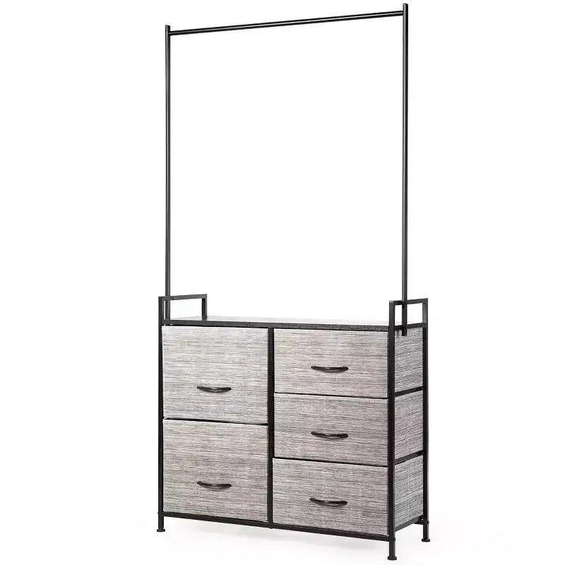 Costway 5 Drawer Fabric Dresser Hanger Metal Frame Wooden Top Storage Closet Organizer