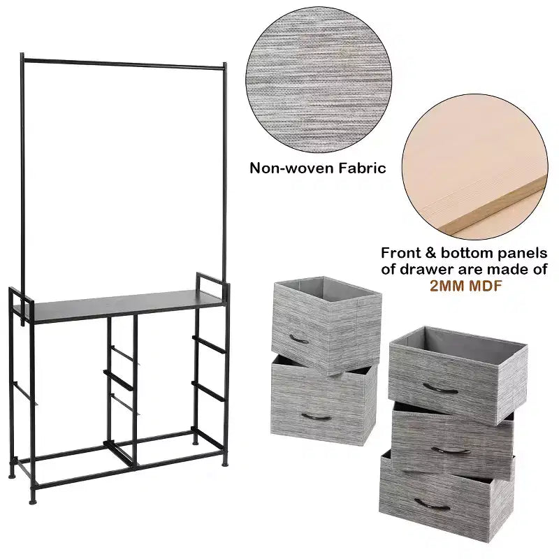 Costway 5 Drawer Fabric Dresser Hanger Metal Frame Wooden Top Storage Closet Organizer