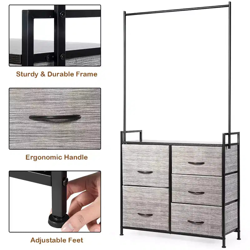 Costway 5 Drawer Fabric Dresser Hanger Metal Frame Wooden Top Storage Closet Organizer