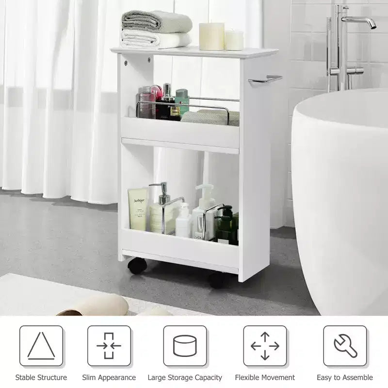 Costway Slim Rolling Storage Cart 3-Tier Bathroom Cabinet Mobile Shelving Unit w/ Handle