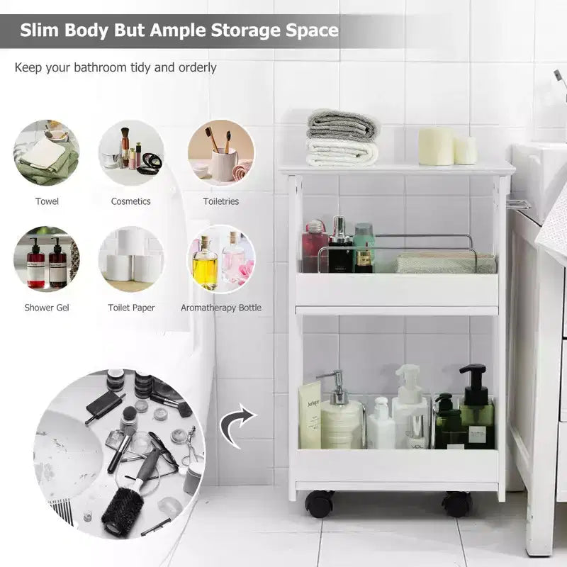 Costway Slim Rolling Storage Cart 3-Tier Bathroom Cabinet Mobile Shelving Unit w/ Handle